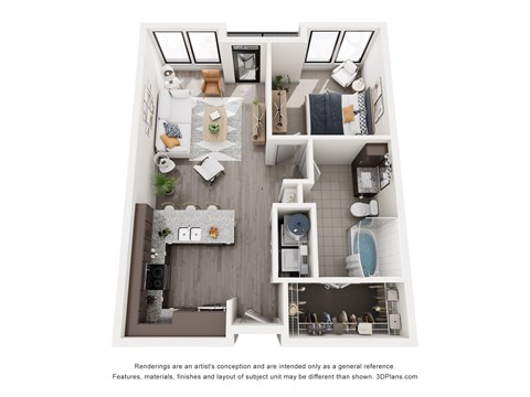 A floor plan of a small apartment with a kitchen, living room, and bathroom.
